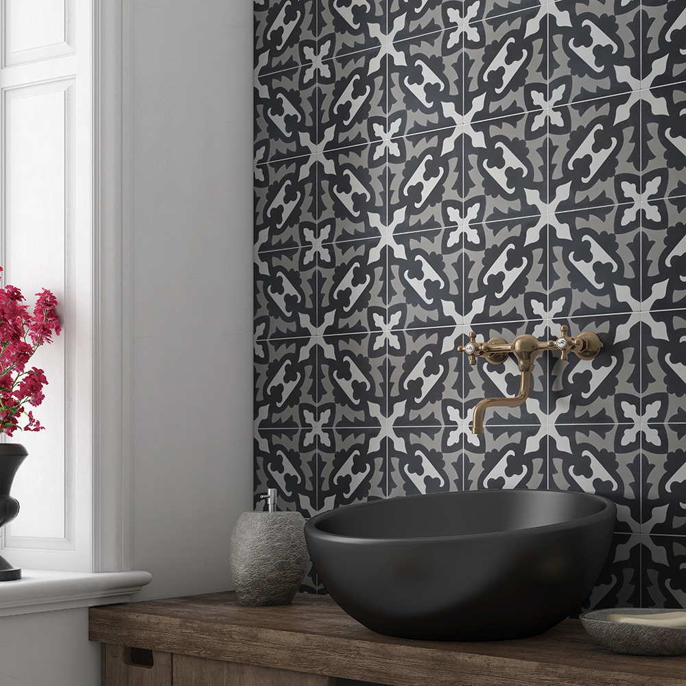 cement tile black and white bathroom