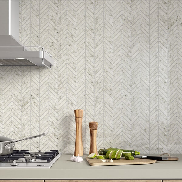 white chevron tile backsplash