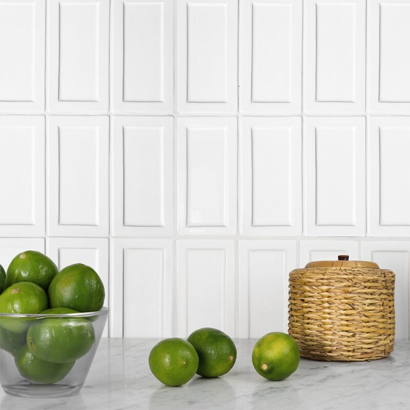 white ceramic accent wall tile in modern kitchen
