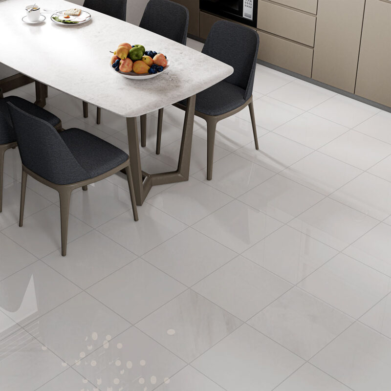 polished bianco dolomiti marble floor in modern kitchen
