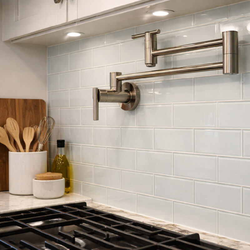 white glass subway tile in modern kitchen