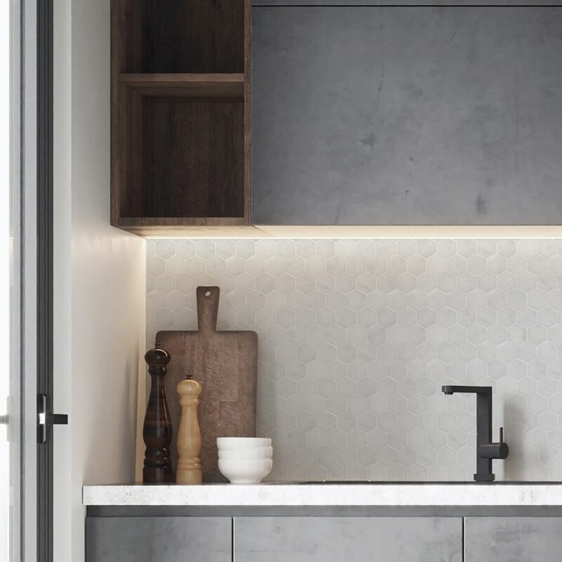 hexagon mosaic tile backsplash