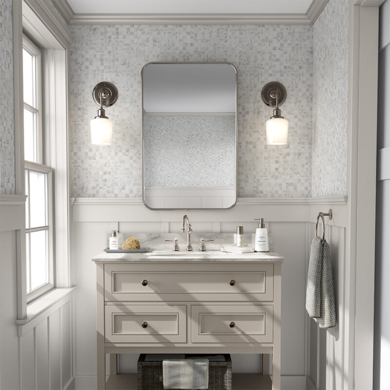 white marble mosaic tiles and white bathroom vanity