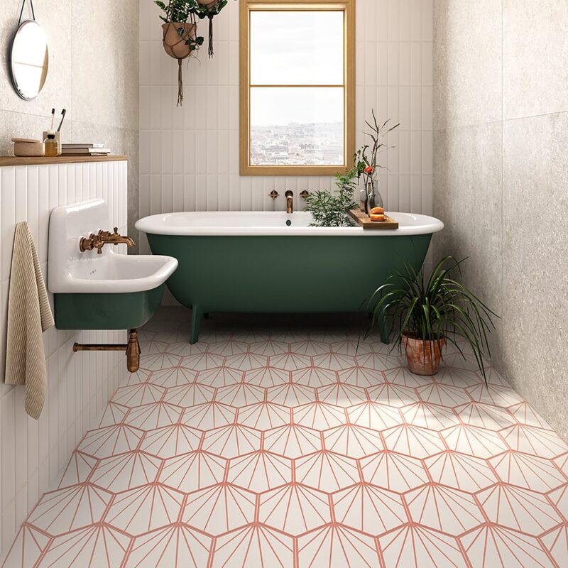 white patterned cement look porcelain bathroom flooring tile