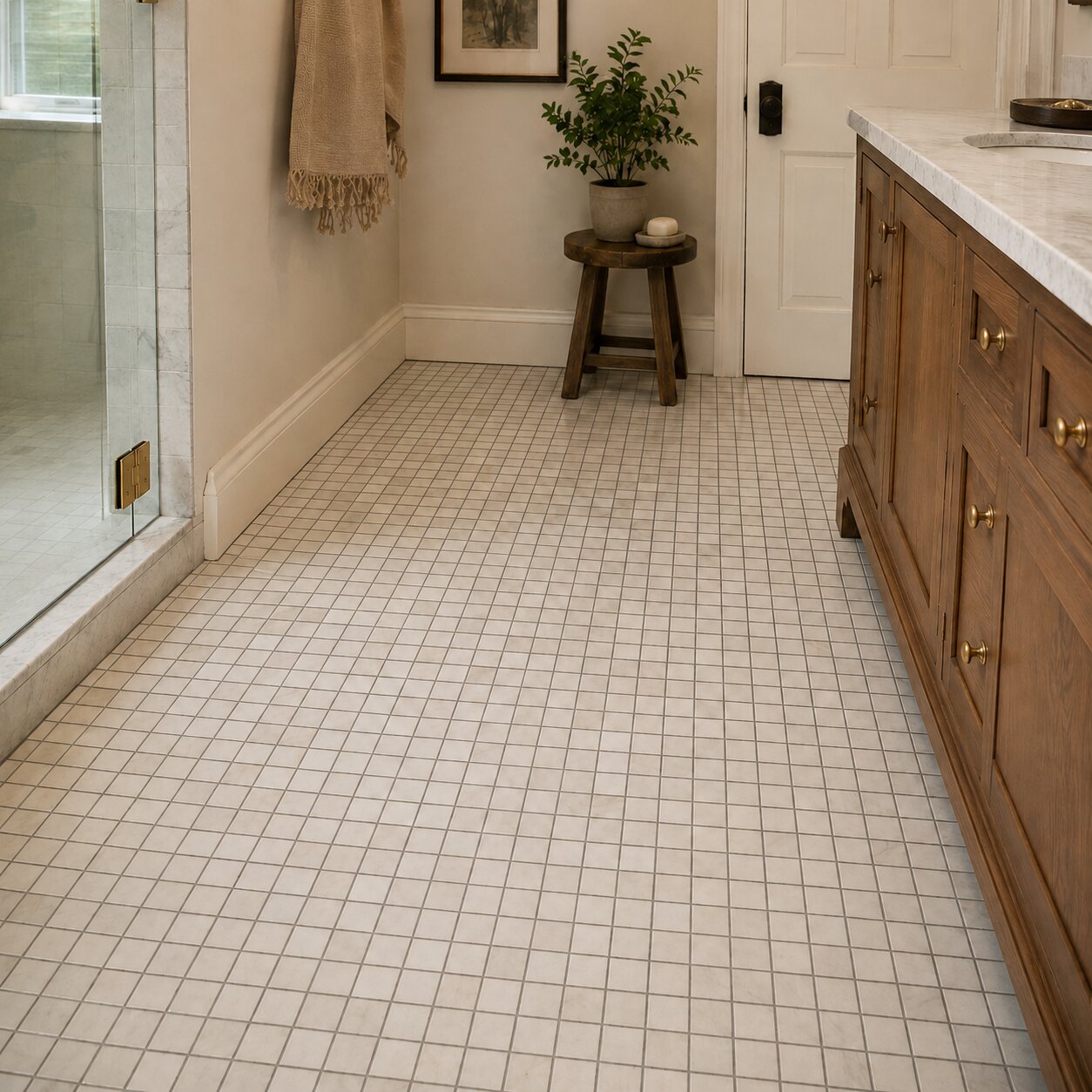 White honed marble mosaic bathroom floor tile with subtle black grout lines in a warm modern bathroom design.