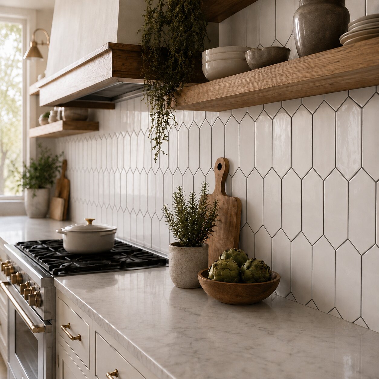 White glossy picket ceramic tile backsplash with subtle black grout lines.