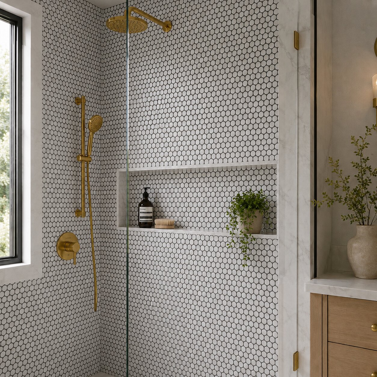 A luxurious walk-in shower featuring white penny round mosaic wall tiles with contrasting black grout lines.