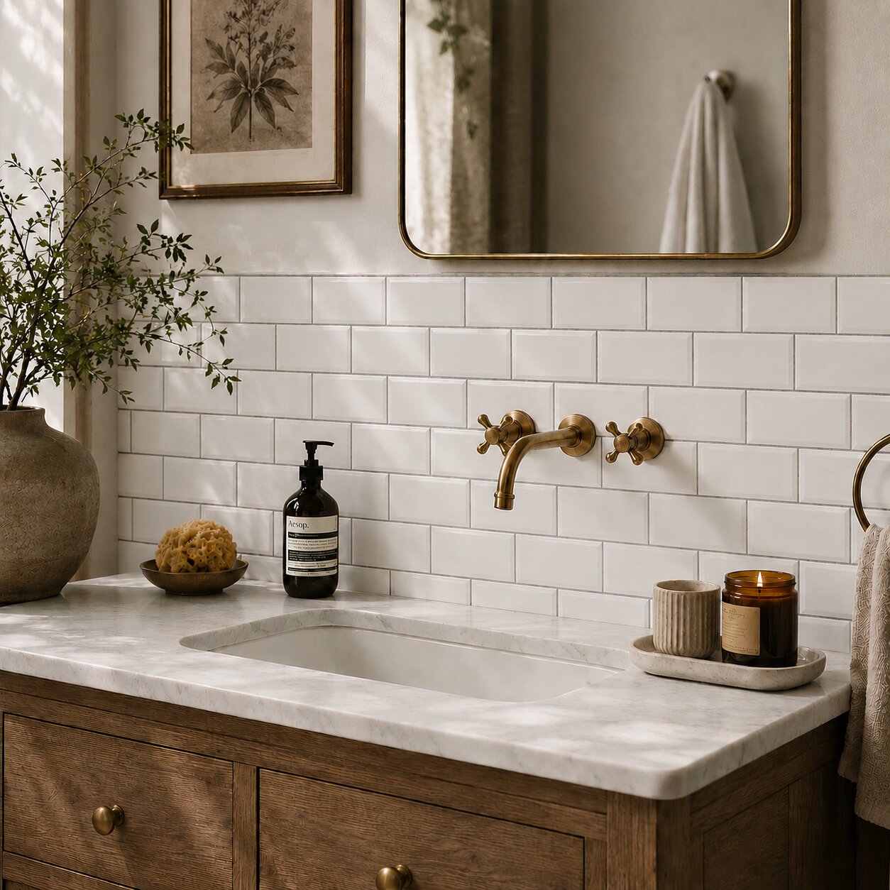 A luxury bathroom vanity area featuring white arabesque accent wall tiles with high-contrast black grout lines.