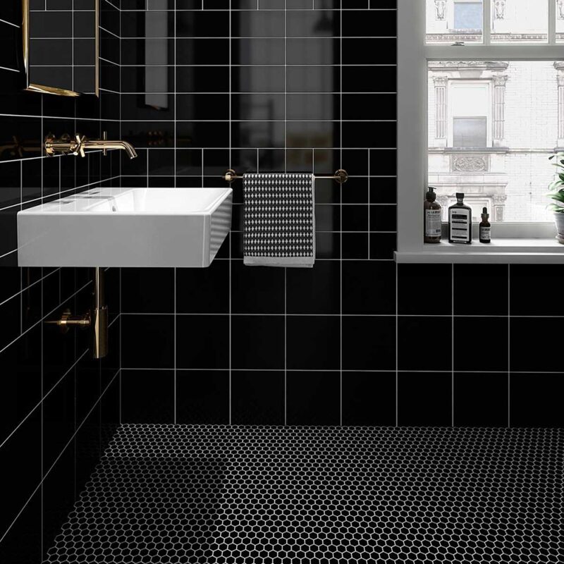Black hexagon bathroom flooring tile 