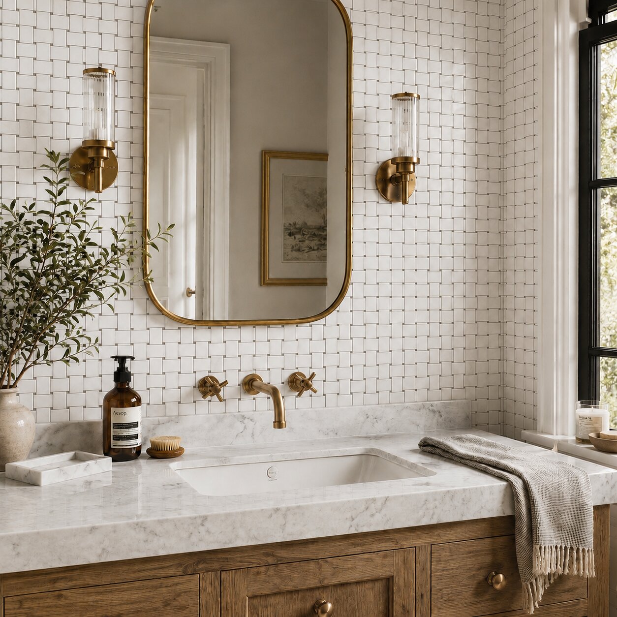 A modern bathroom vanity featuring a backsplash of white Carrara polished basket-weave marble mosaic tiles with contrasting black grout.
