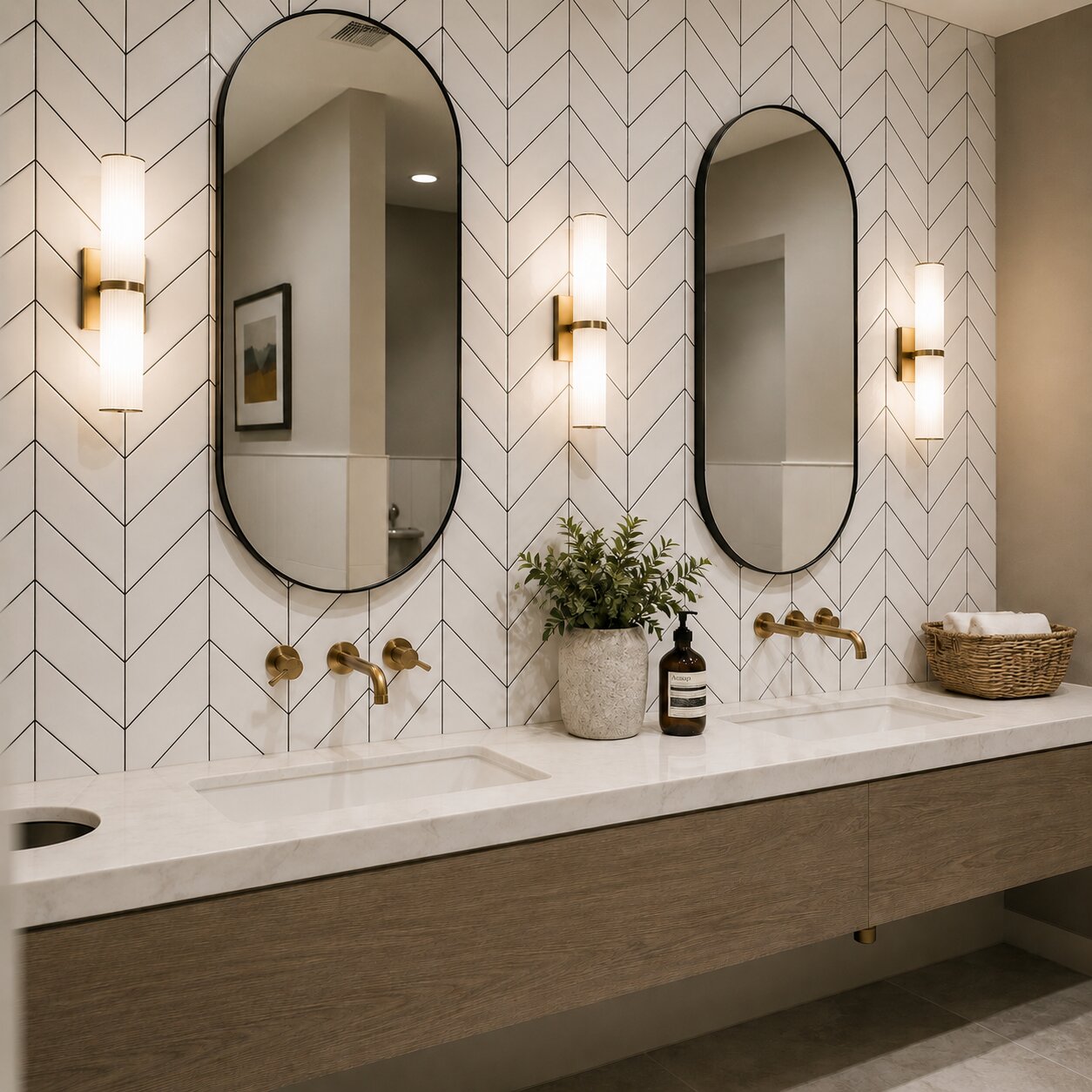 White glossy chevron ceramic wall tile with subtle black grout lines in a modern double vanity bathroom.
