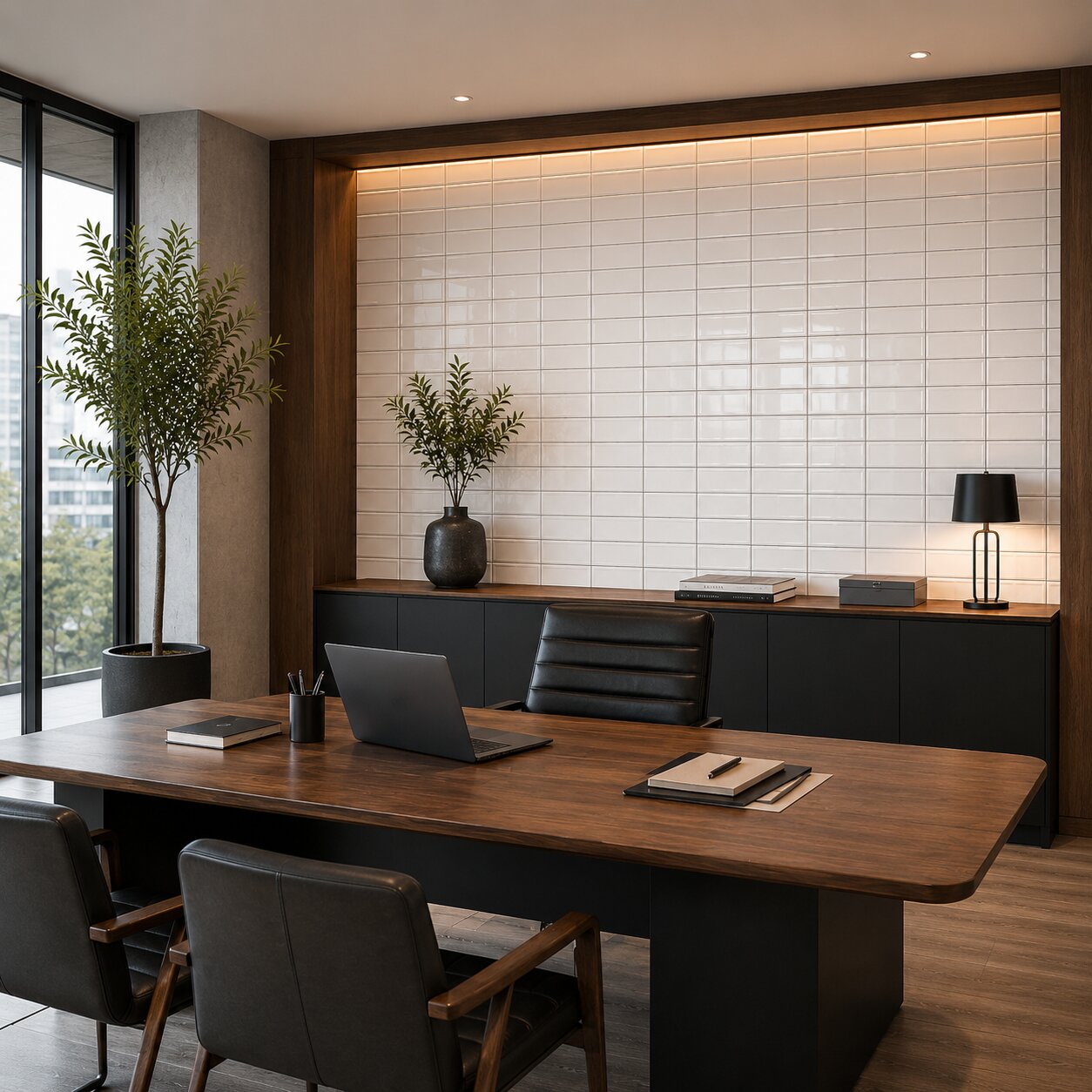 Modern kitchen scene featuring a white glossy ceramic subway tile backsplash with crisp black grout lines.