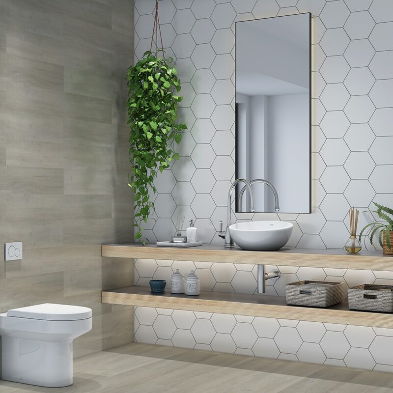 White hexagon shaped ceramic bathroom wall tiles