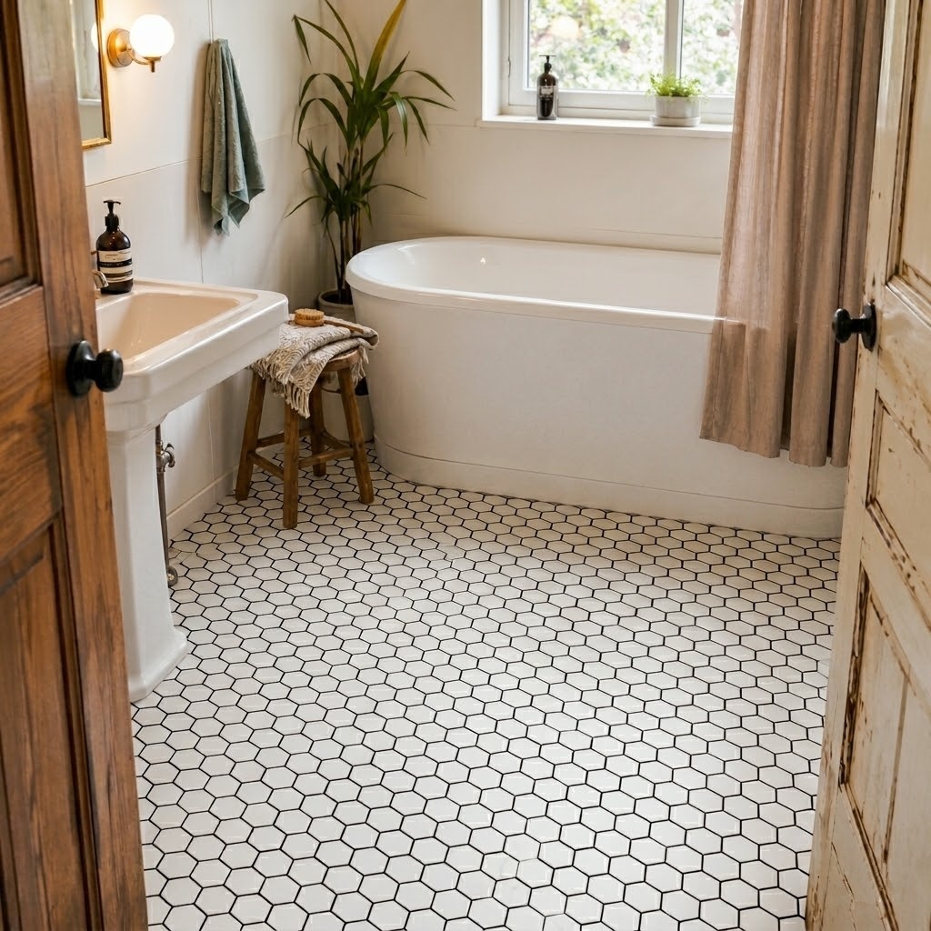 A cozy bathroom viewed through an open doorway, featuring white hexagon mosaic floor tiles with contrasting black grout lines.