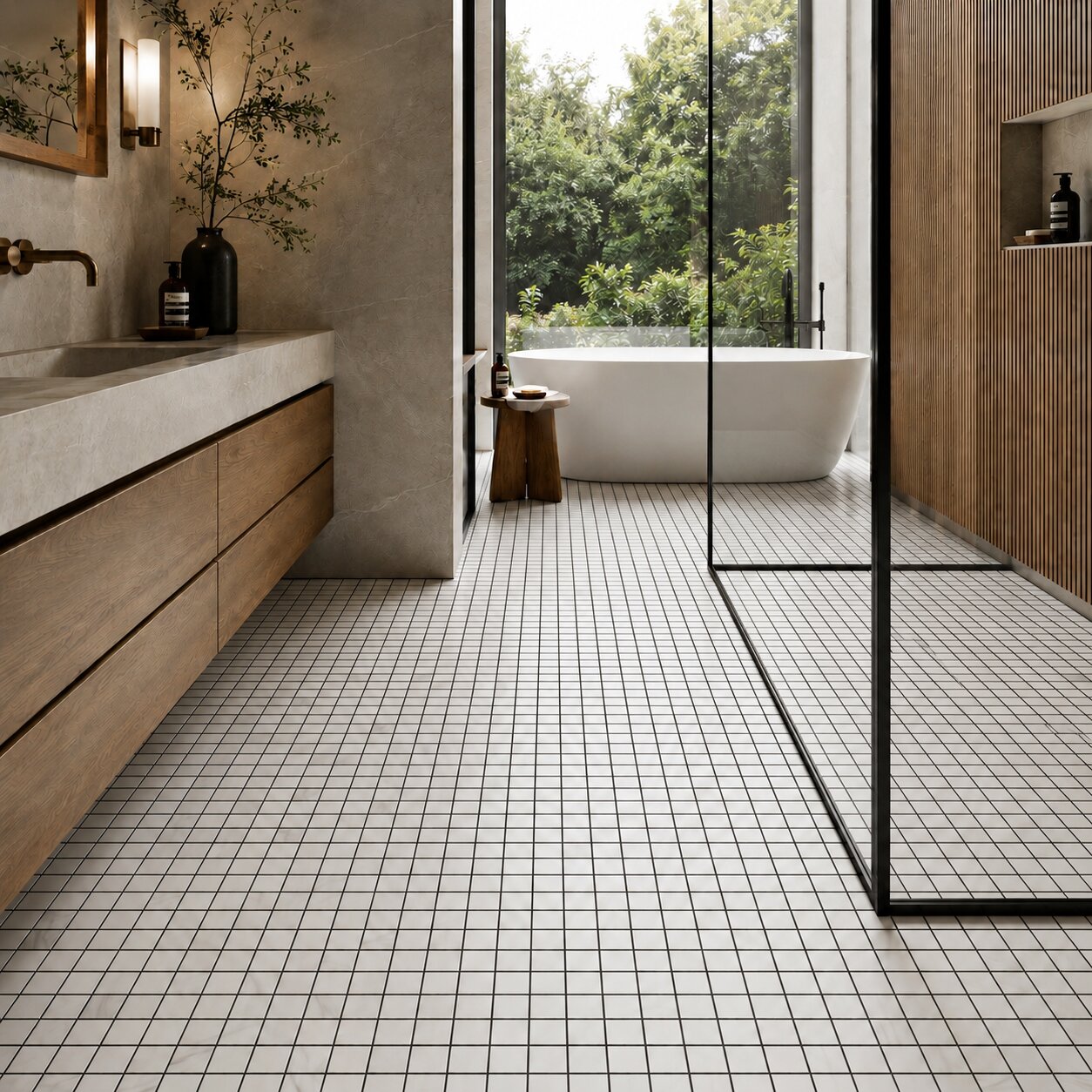 Modern bathroom interior featuring white honed marble mosaic floor tiles with contrasting black grout.