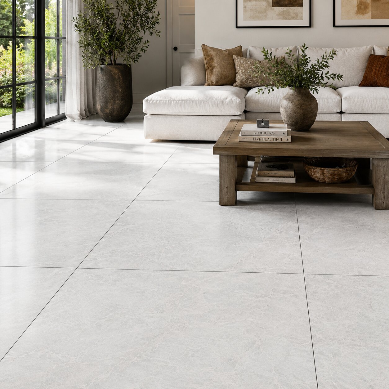 A bright living room floor featuring large-format white honed marble tiles.