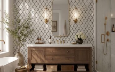 Elegant bathroom vanity featuring a white arabesque mosaic tile backsplash with crisp black grout lines.