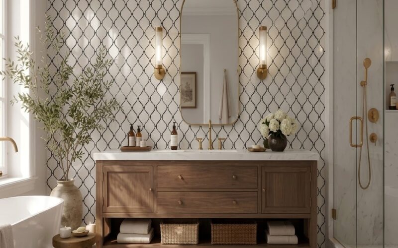 Elegant bathroom vanity featuring a white arabesque mosaic tile backsplash with crisp black grout lines.