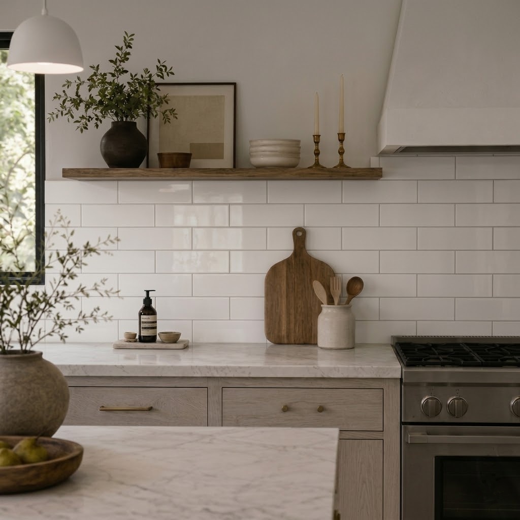 A bright, warm kitchen featuring a white glossy subway tile backsplash with thin, subtle black grout lines.
