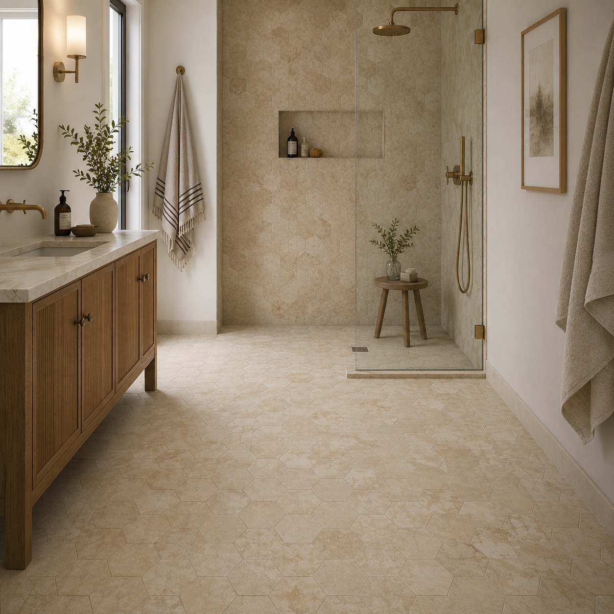 A bright, Mediterranean style bathroom featuring beige honed and filled hexagon travertine mosaic floor tiles.