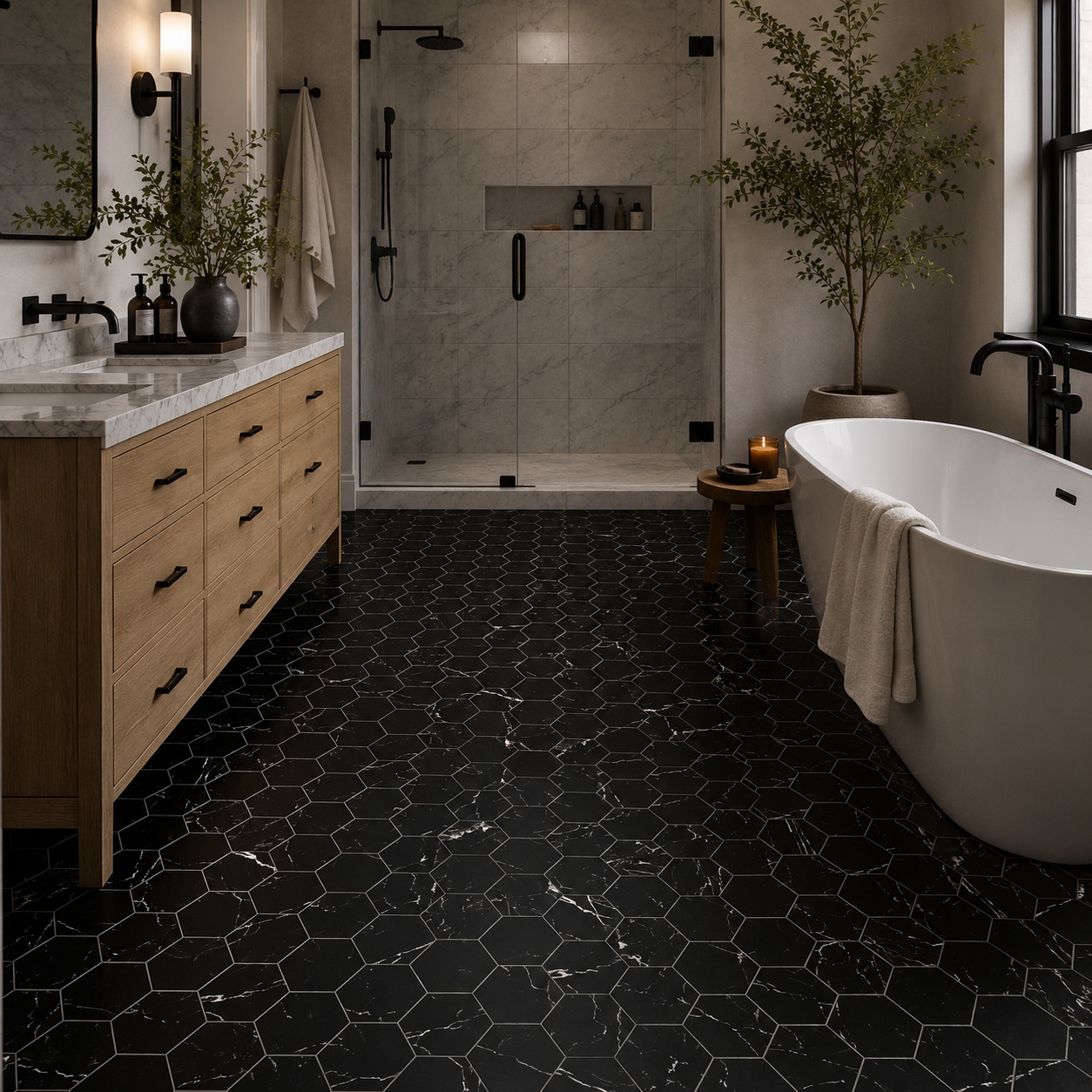 Modern bathroom featuring black honed hexagon marble mosaic floor tiles.