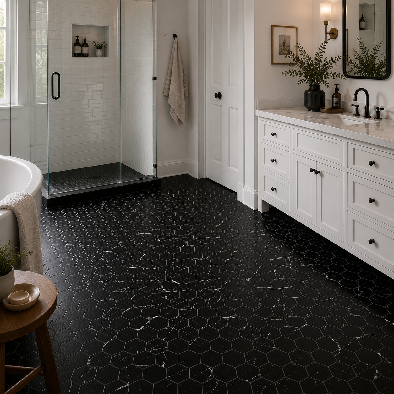 A modern bathroom featuring black honed hexagon marble mosaic floor tiles.