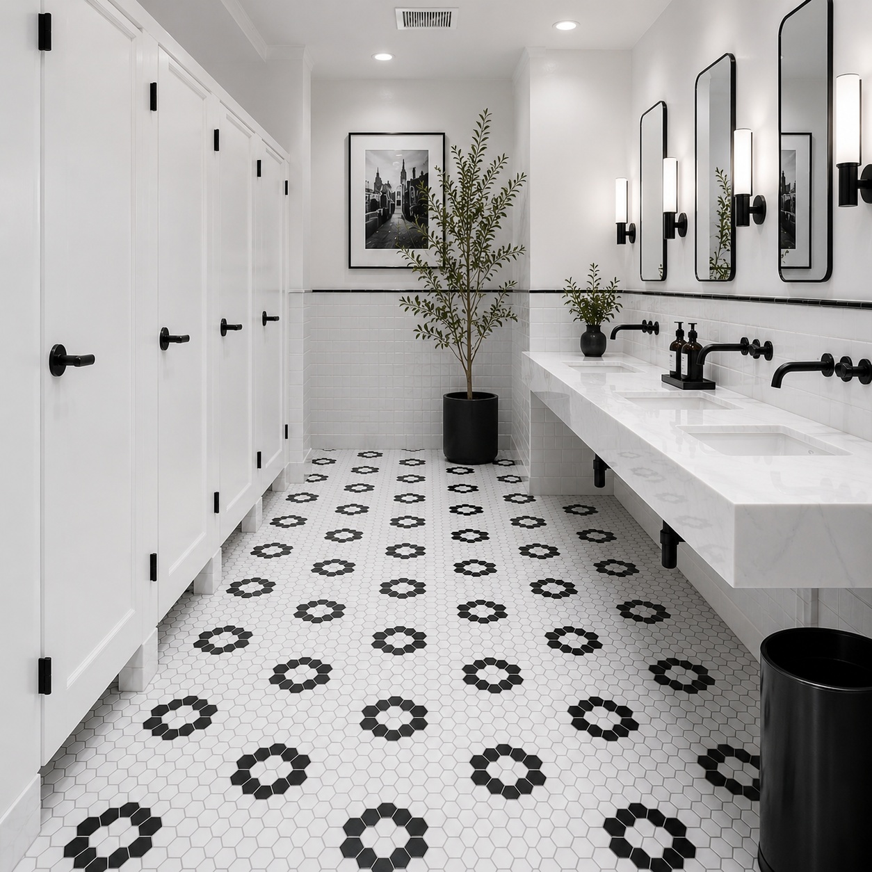A modern commercial store featuring black polished hexagon marble mosaic floor tiles.