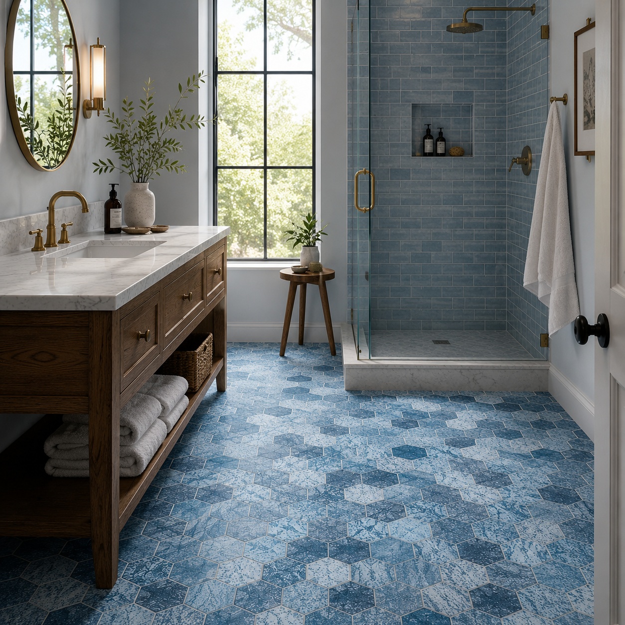 A serene modern bathroom featuring blue textured hexagon marble mosaic floor tiles.