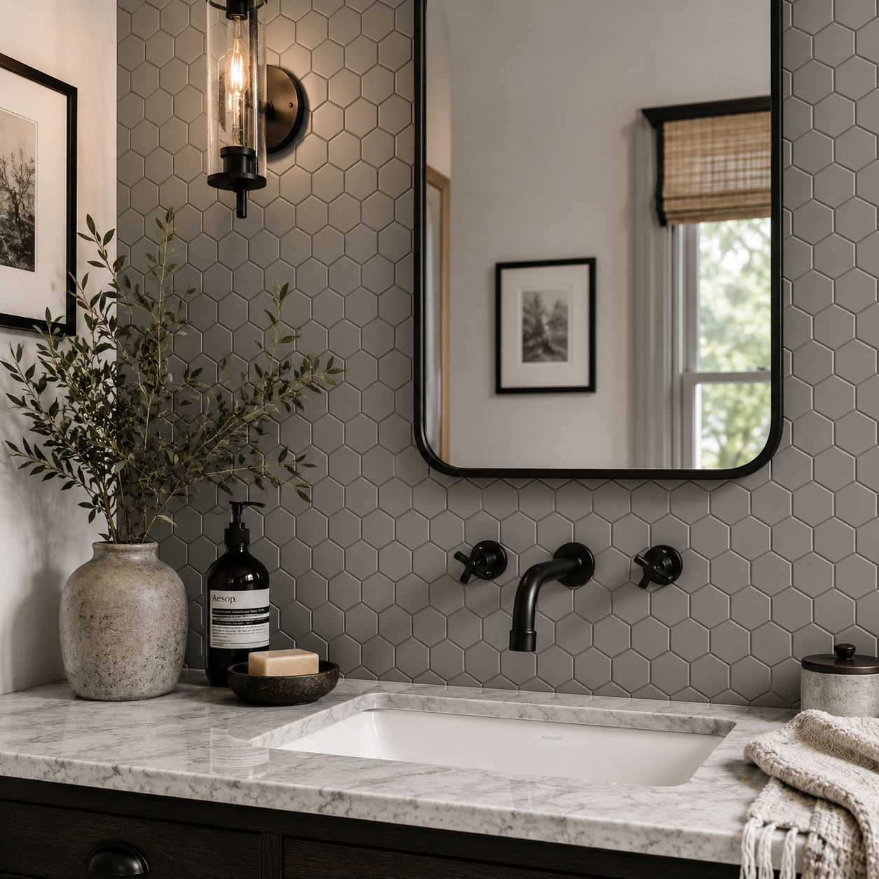 A bathroom vanity featuring gray matte hexagon ceramic mosaic tiles on the wall.
