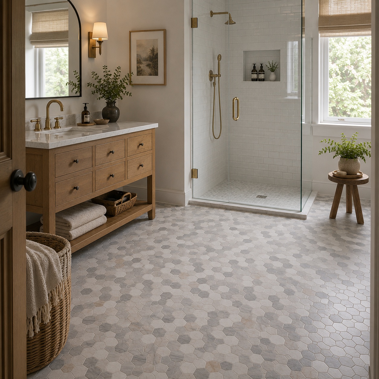 
A warm, traditional bathroom featuring gray honed hexagon marble mosaic floor tiles. 
