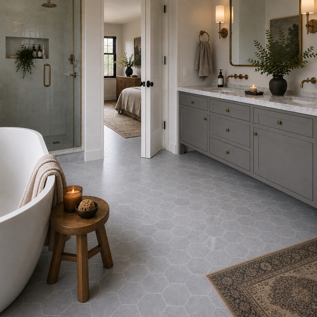 Rustic bathroom featuring gray Bardiglio light honed hexagon marble mosaic floor tiles.