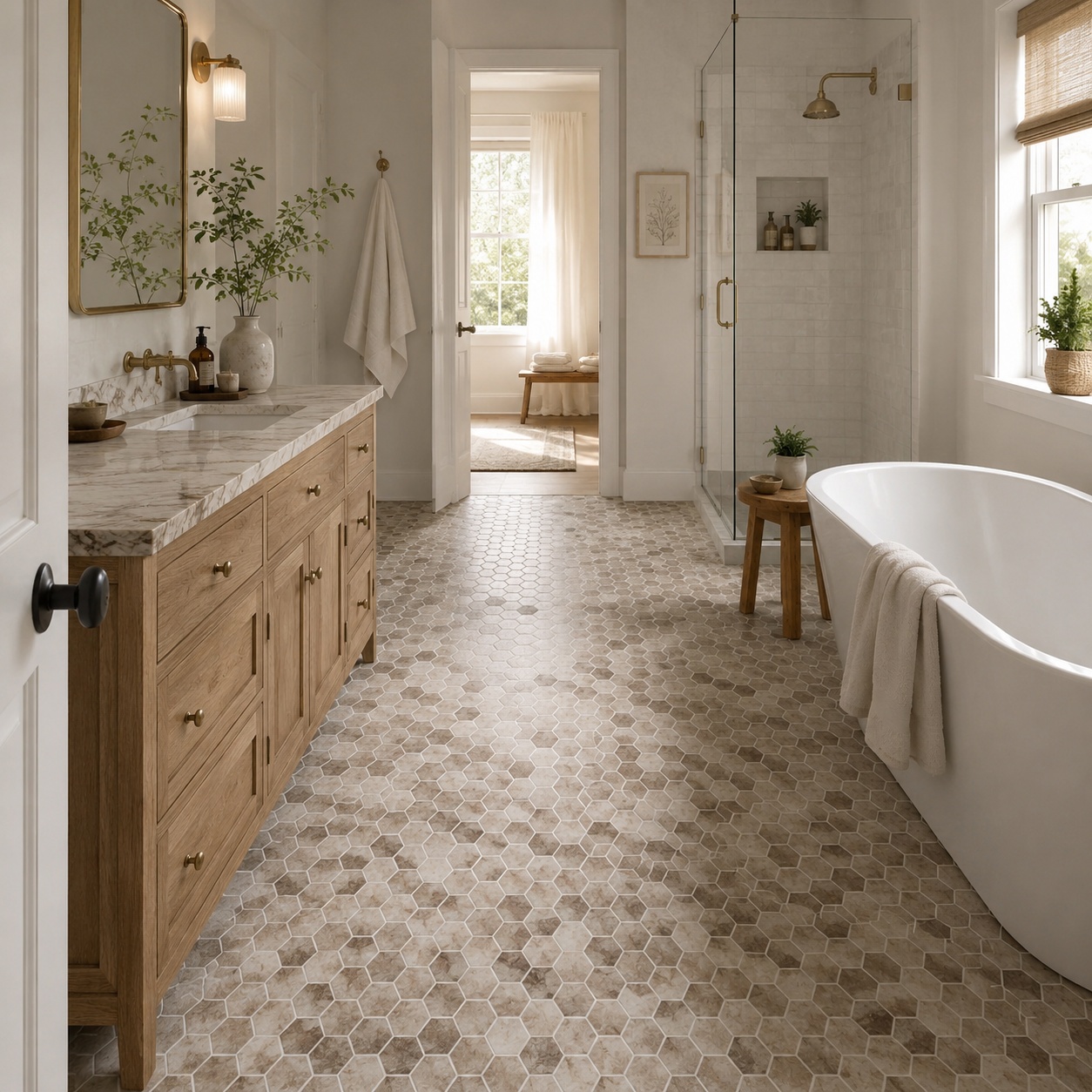 Modern bathroom featuring multicolor honed hexagon glass mosaic floor tiles.