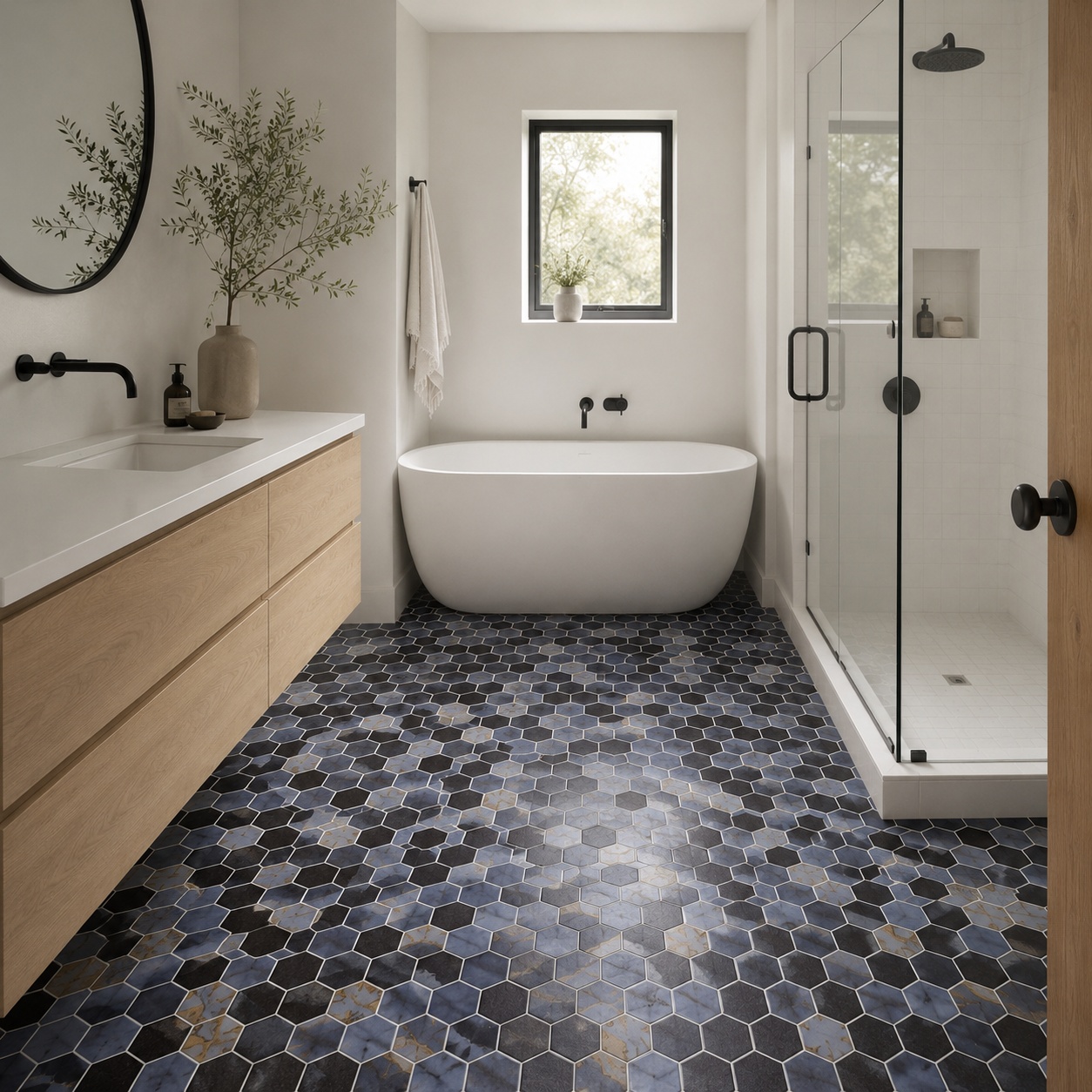 A contemporary bathroom featuring multicolor glass hexagon mosaic floor tiles in alternating white and gray tones.