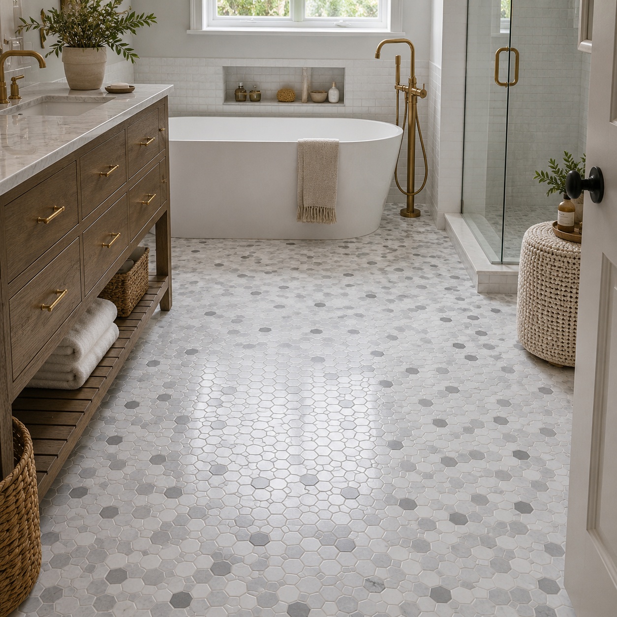 Modern bathroom featuring multicolor glass hexagon floor tiles in various finishes.