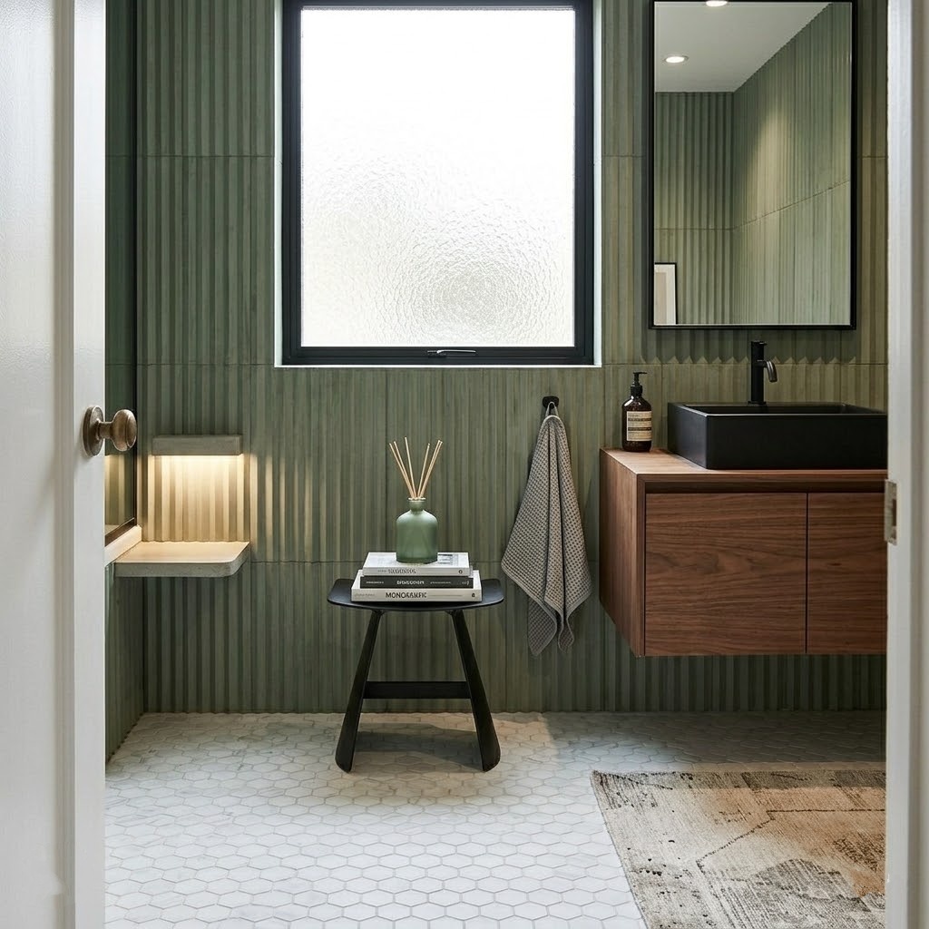 
A modern bathroom featuring white honed hexagon marble mosaic floor tiles.