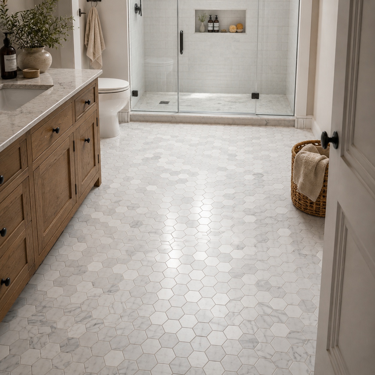 A modern bathroom with white hexagon marble floor tiles, a wooden vanity, and a glass enclosed shower.