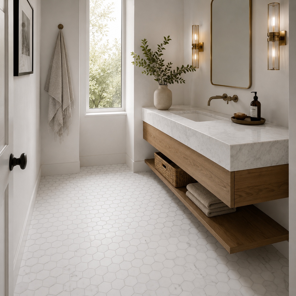 A bright, modern bathroom featuring white honed hexagon marble mosaic floor tiles.