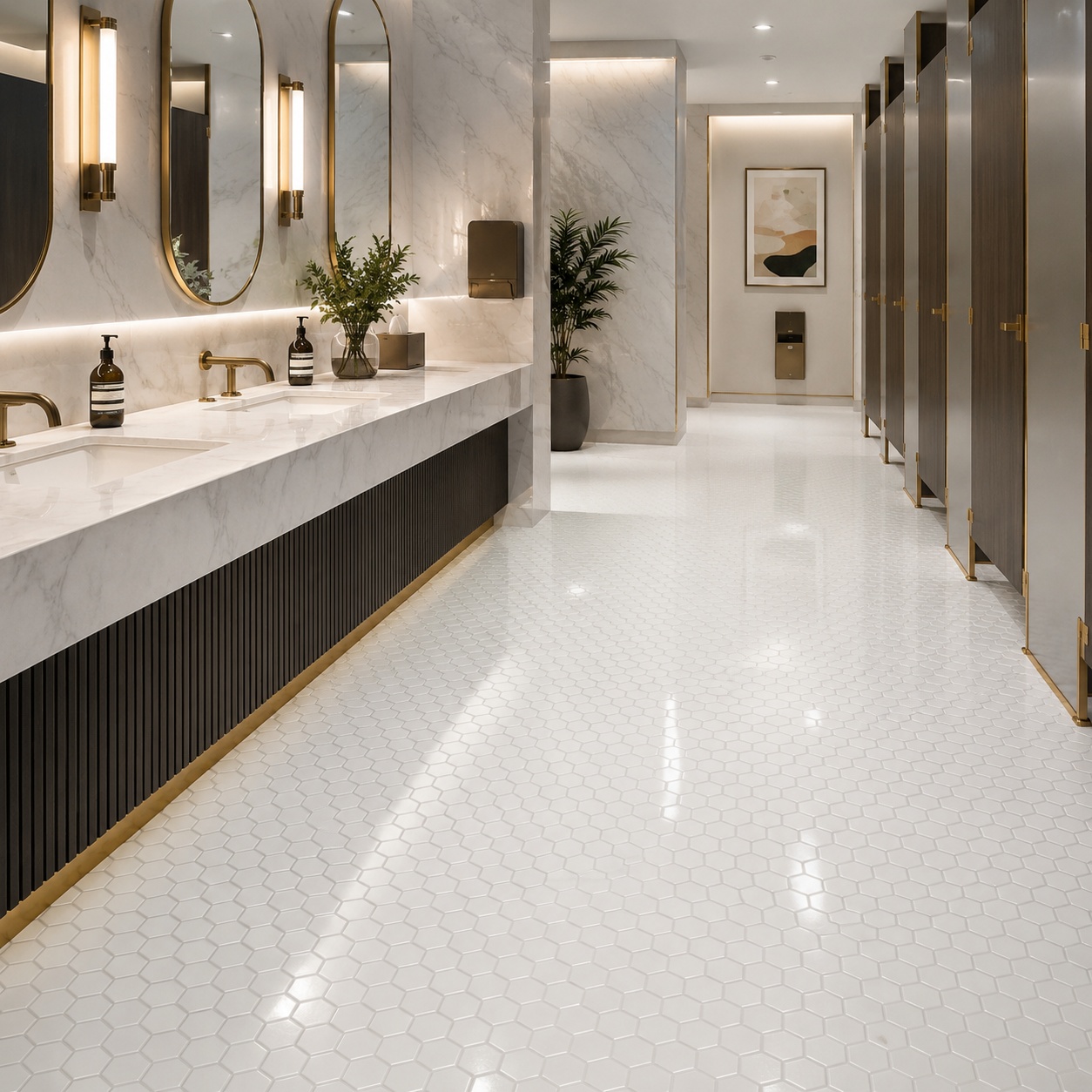 A bright, clean bathroom featuring white polished hexagon glass mosaic floor tiles.