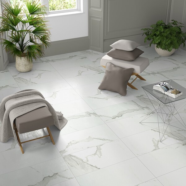 white marble look porcelain living room tiles