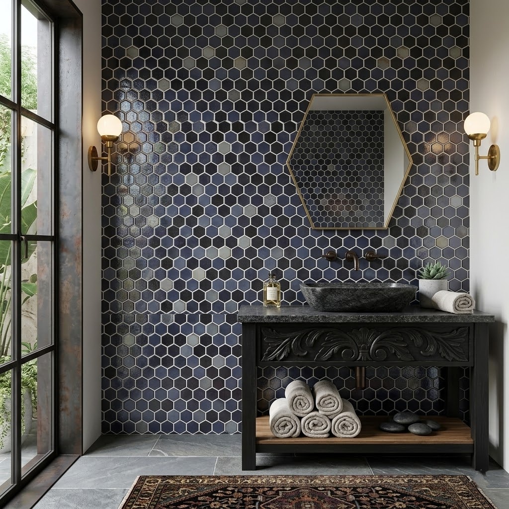 Multicolor hexagon glass mosaic tiles with a mix of blue, black, and iridescent finishes on a bathroom wall.