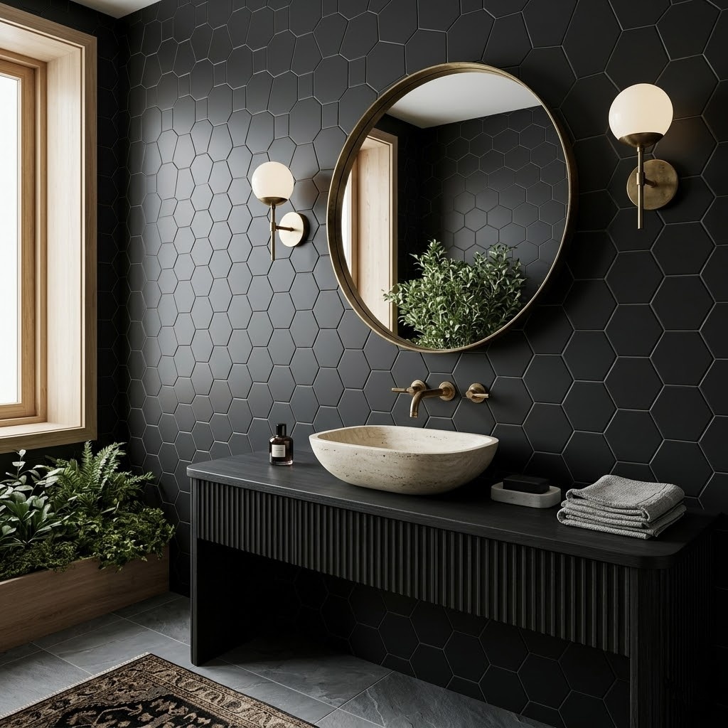 Matte black hexagon ceramic mosaic tiles.