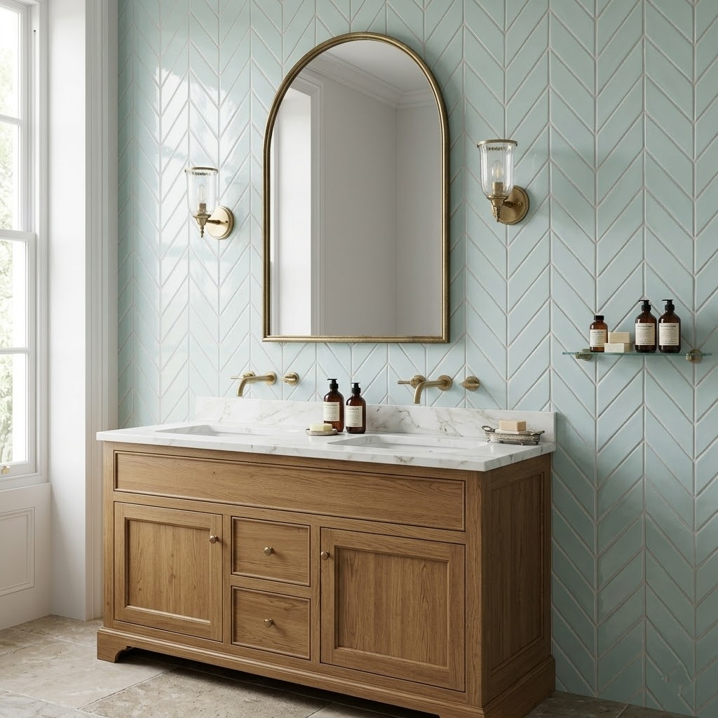 Glossy blue seafoam chevron ceramic tiles create a stunning feature wall in this bathroom design.
