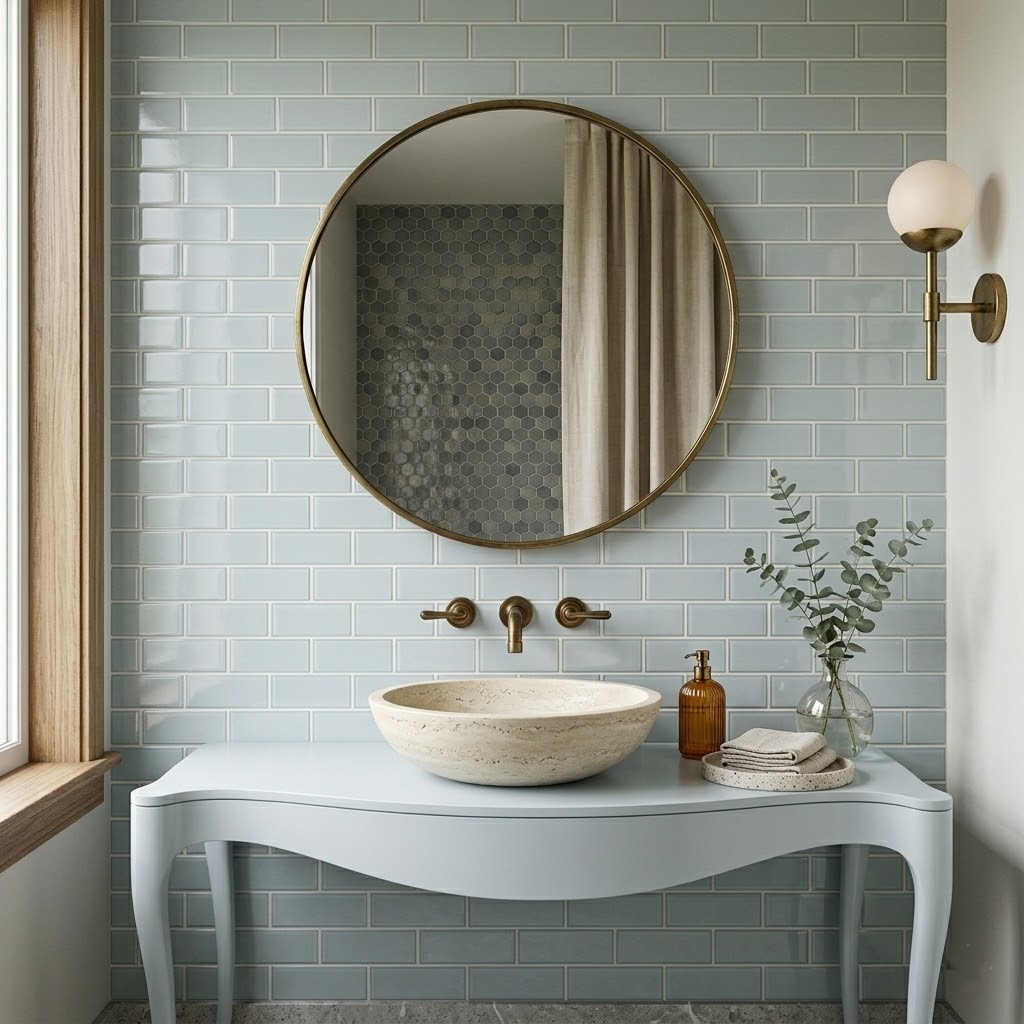 Light aqua blue subway tiles and a blue mosaic feature wall in a modern bathroom with a light blue curved vanity and stone vessel sink.