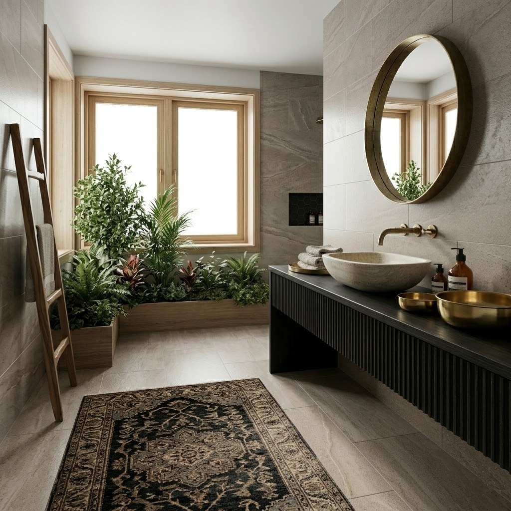 Modern bathroom interior featuring brown concrete look porcelain tile on the floor and walls.