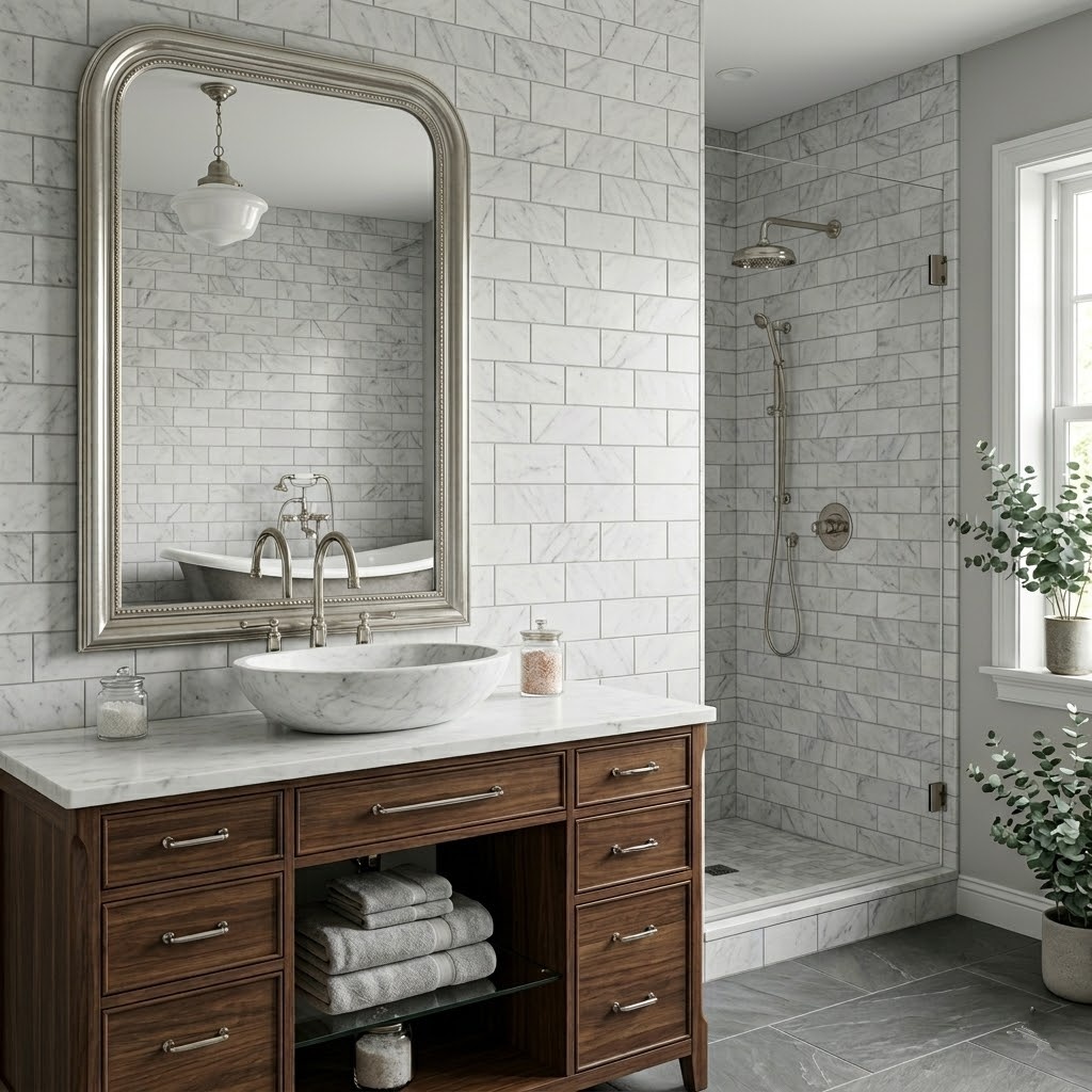 Classic gray Carrara marble subway tiles and a walk-in shower in a refined bathroom featuring a walnut vanity and silver arched mirror.