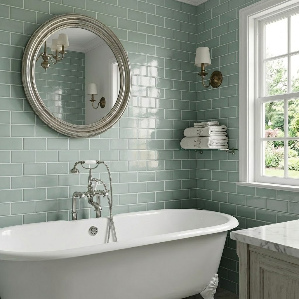 Elegant bathroom design featuring glossy green subway ceramic tiles on the walls.