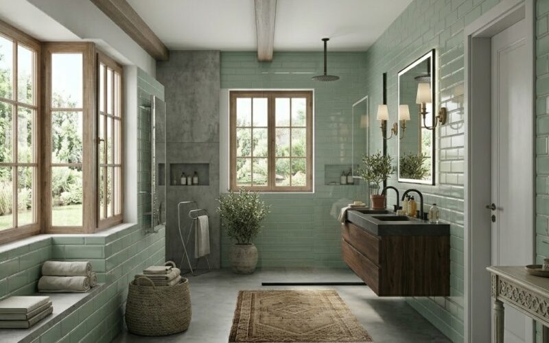 Luxury bathroom featuring green Grecianisle Satin Subway Glass Tiles on the walls in a classic brick-bond pattern.