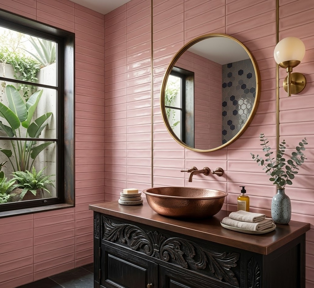 Glossy pink fluted ceramic tiles in a modern bathroom.