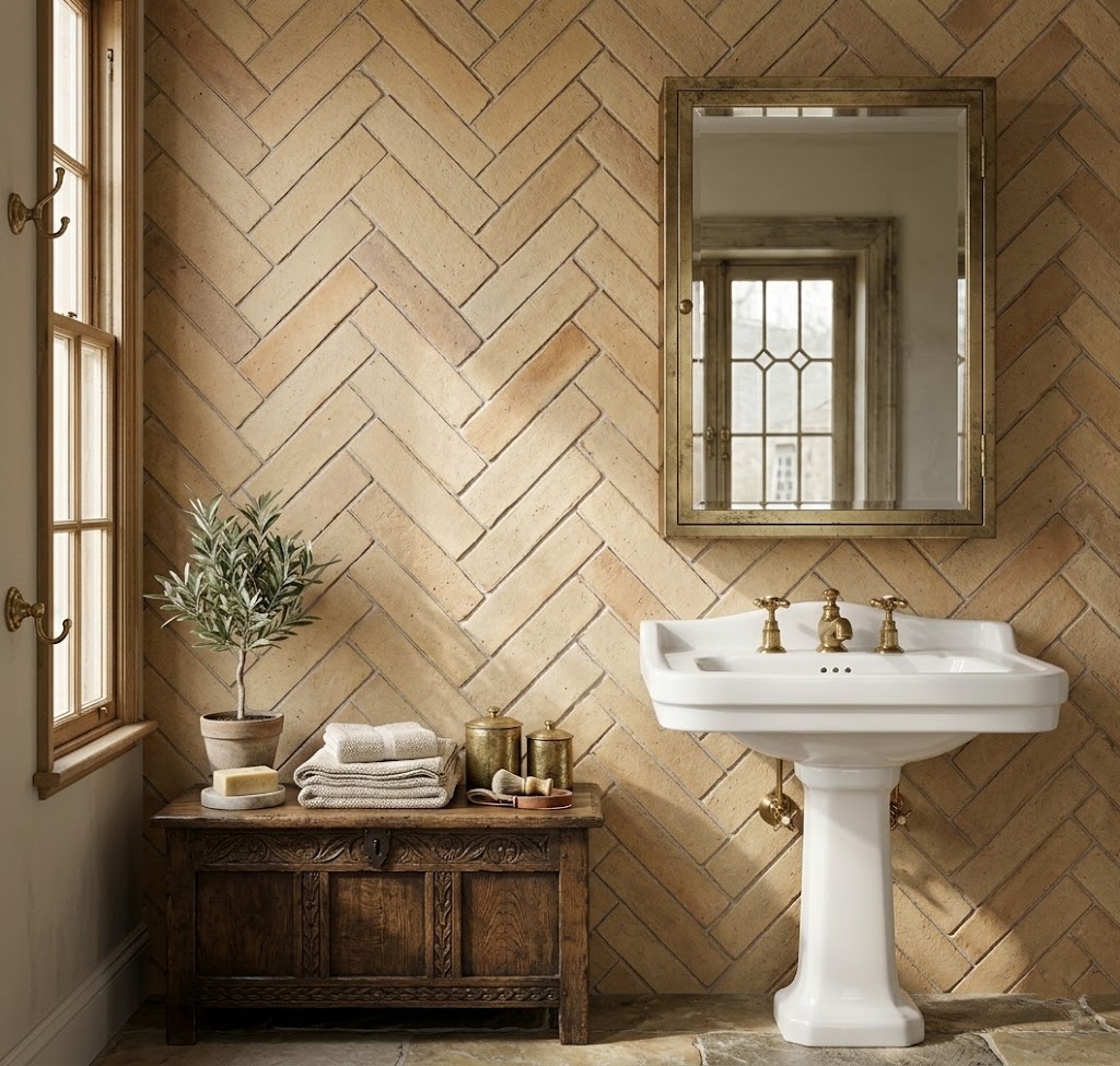 Natural yellow terracotta tiles arranged in a herringbone pattern on a bathroom feature wall.