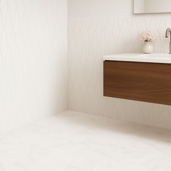 elongated hexagon tile on bathroom wall